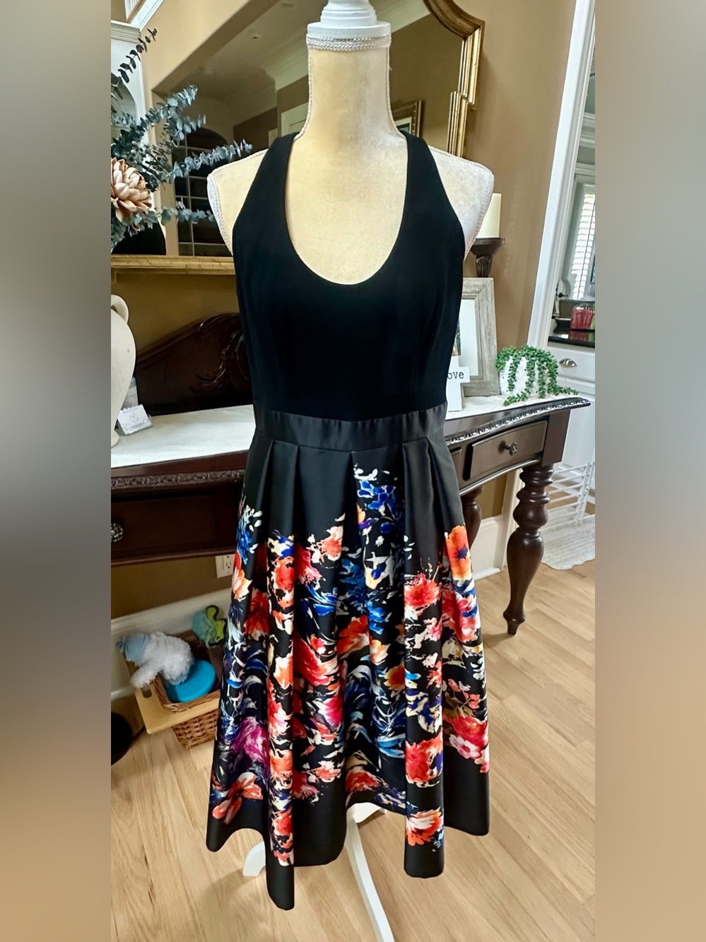 Carmen Marc Valvo Black Midi Dress with Multicolor Floral Skirt